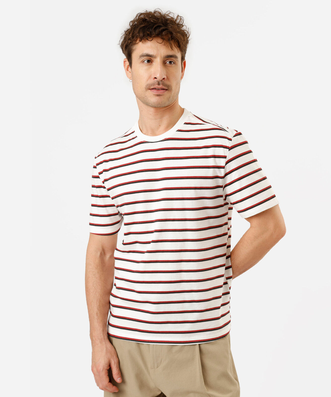 camiseta masculina de algodão manga curta listrada off white