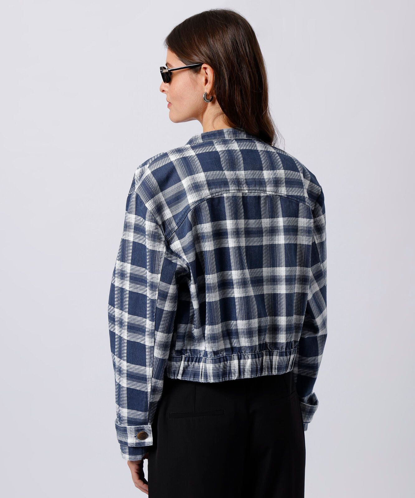 jaqueta feminina de sarja xadrez mindset azul