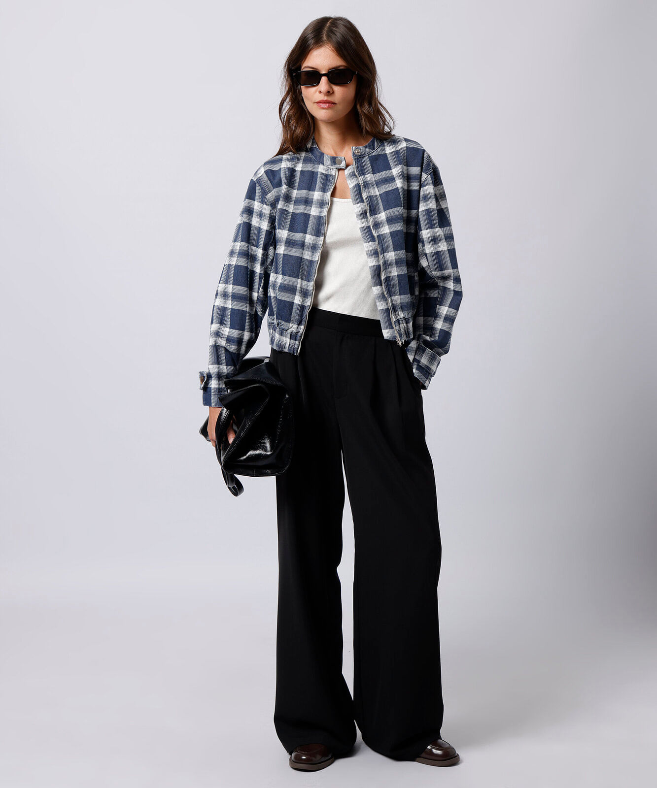 jaqueta feminina de sarja xadrez mindset azul