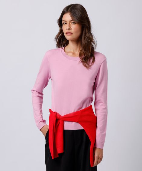 suéter feminino de tricot gola redonda mindset rosa