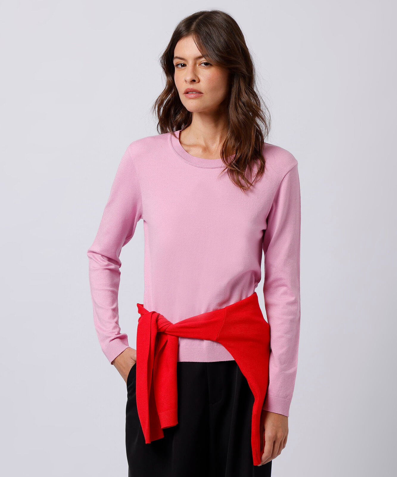 suéter feminino de tricot gola redonda mindset rosa