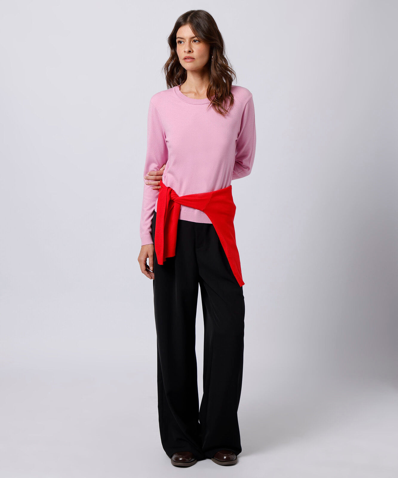 suéter feminino de tricot gola redonda mindset rosa