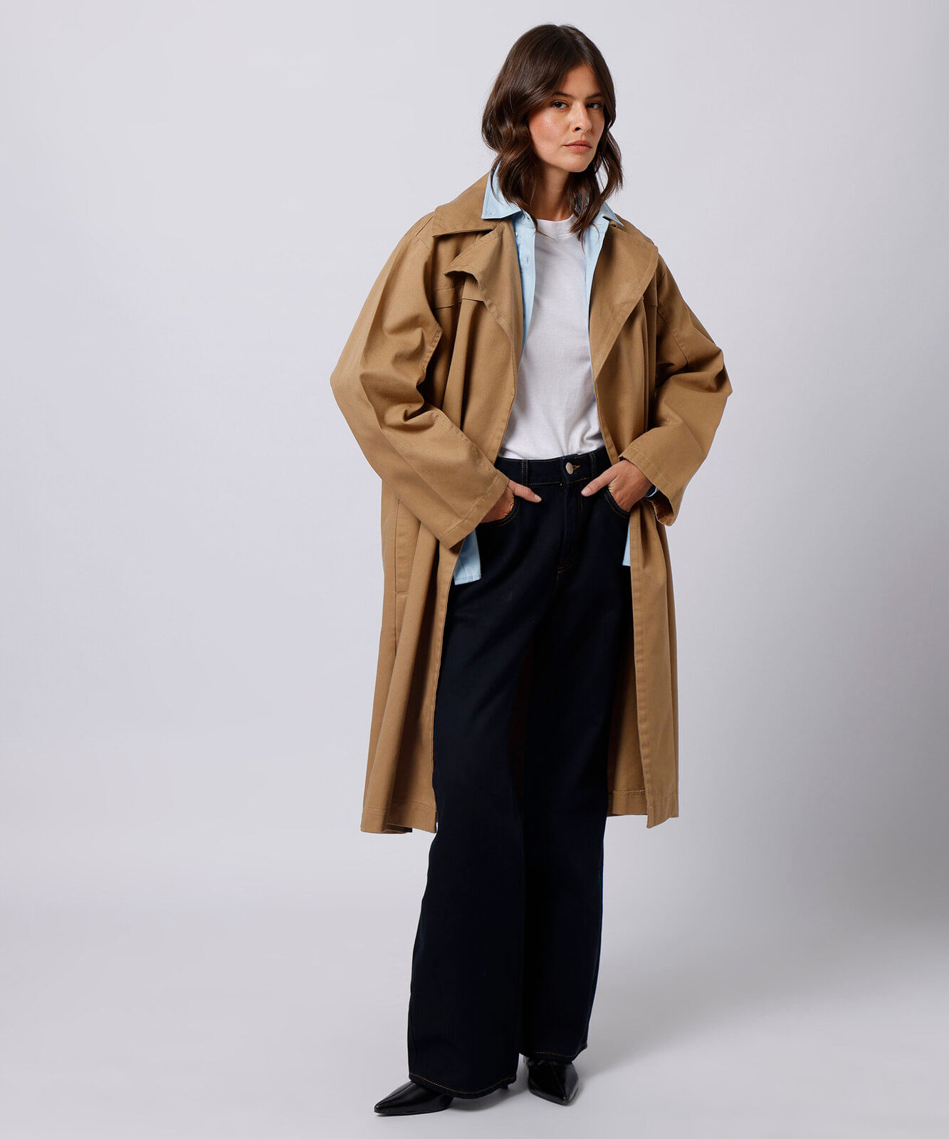 casaco trench coat feminino de sarja mindset bege
