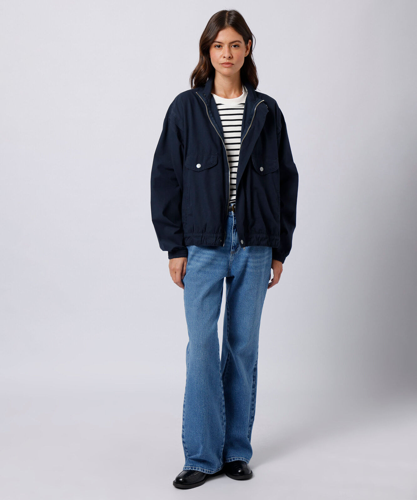 jaqueta de sarja feminina gola alta mindset azul