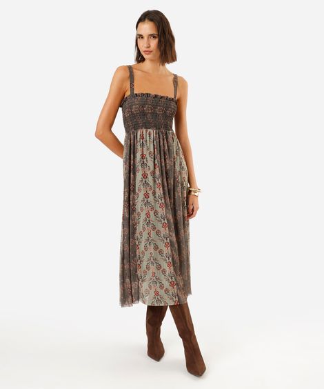 vestido midi feminino de tule arabescos verde
