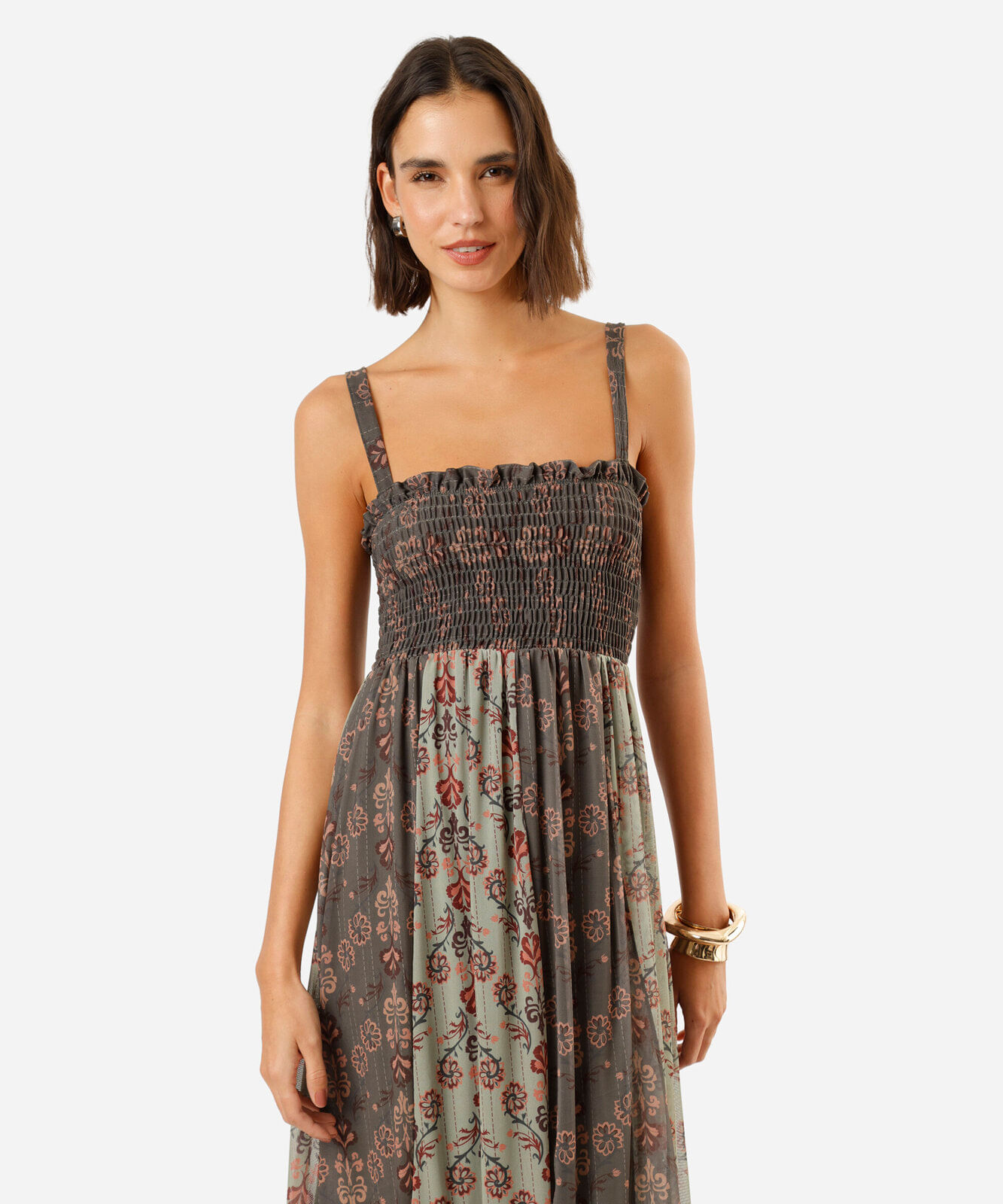vestido midi feminino de tule arabescos verde