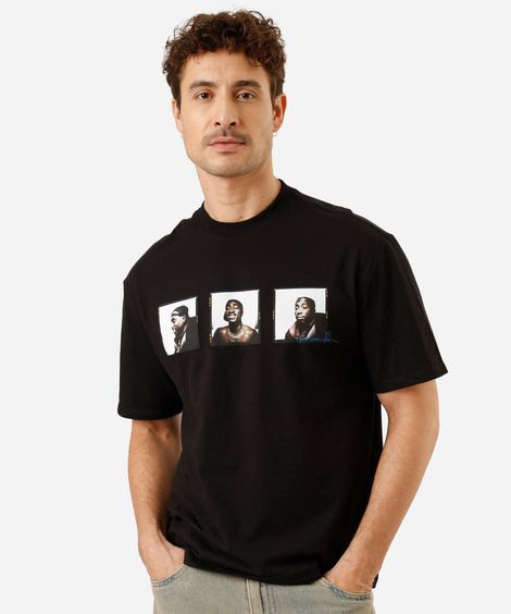 camiseta masculina de algodão manga curta tupac preta