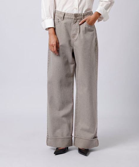 calça wide leg feminina de sarja com barra dobrada mindset cinza