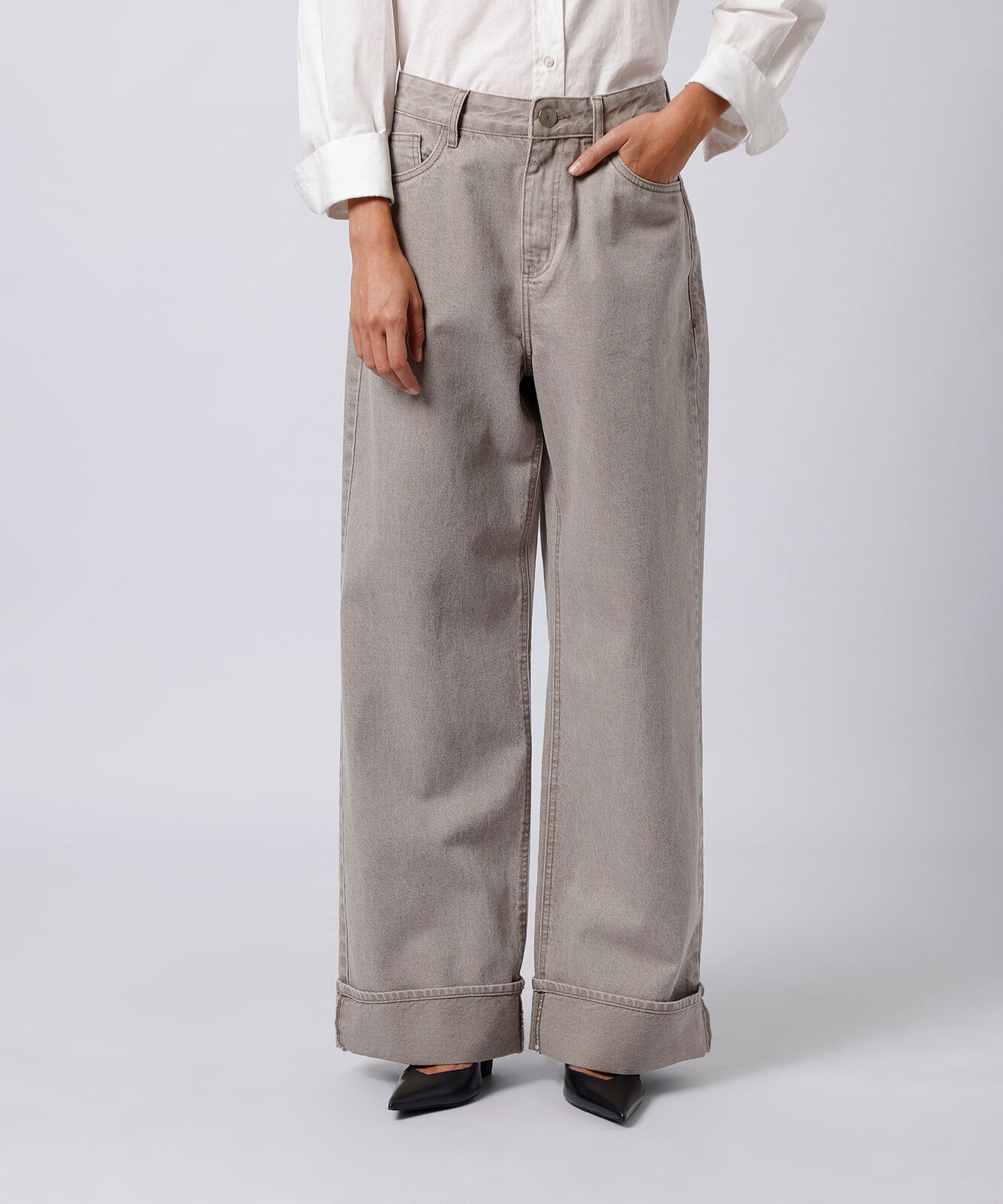calça wide leg feminina de sarja com barra dobrada mindset cinza