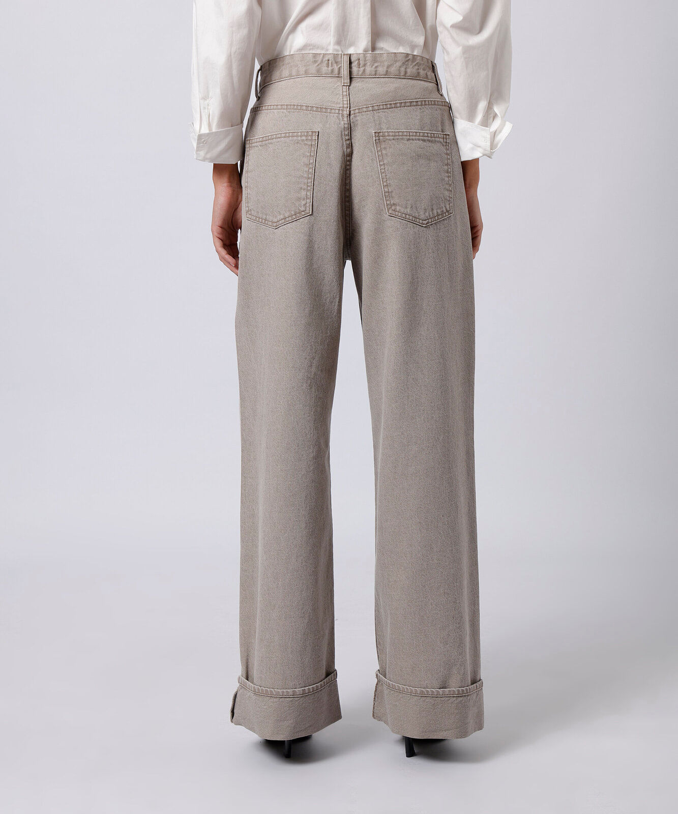 calça wide leg feminina de sarja com barra dobrada mindset cinza