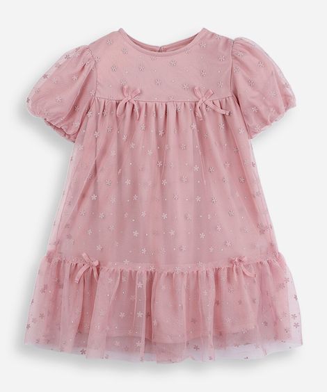 vestido infantil de tule lacinho manga curta rosa