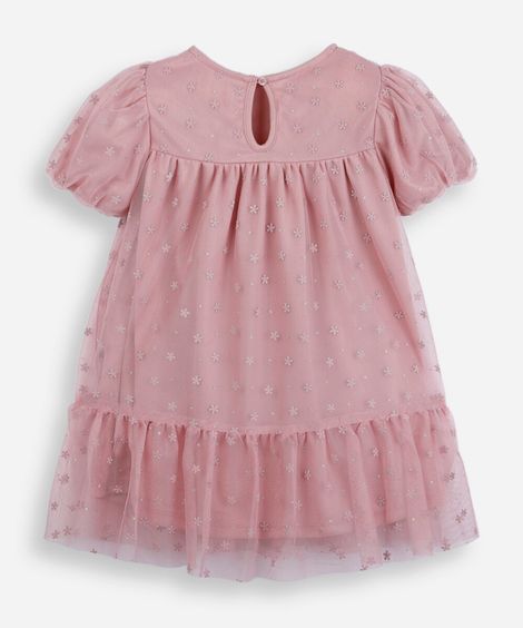 vestido infantil de tule lacinho manga curta rosa