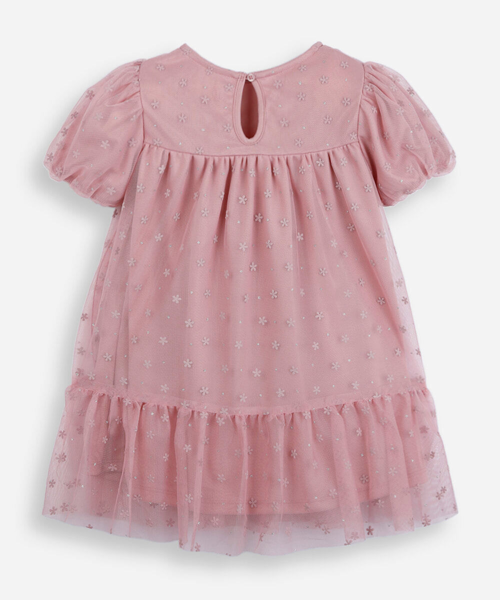 vestido infantil de tule lacinho manga curta rosa