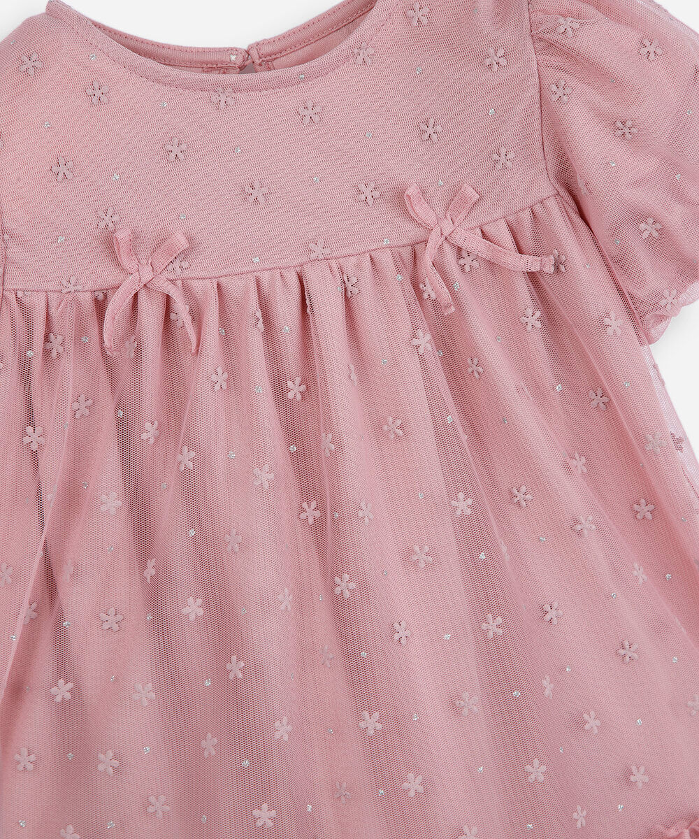 vestido infantil de tule lacinho manga curta rosa