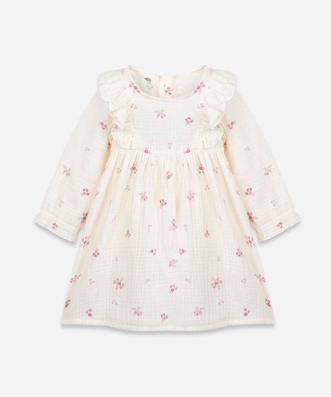 vestido infantil de algodão com babado floral off white