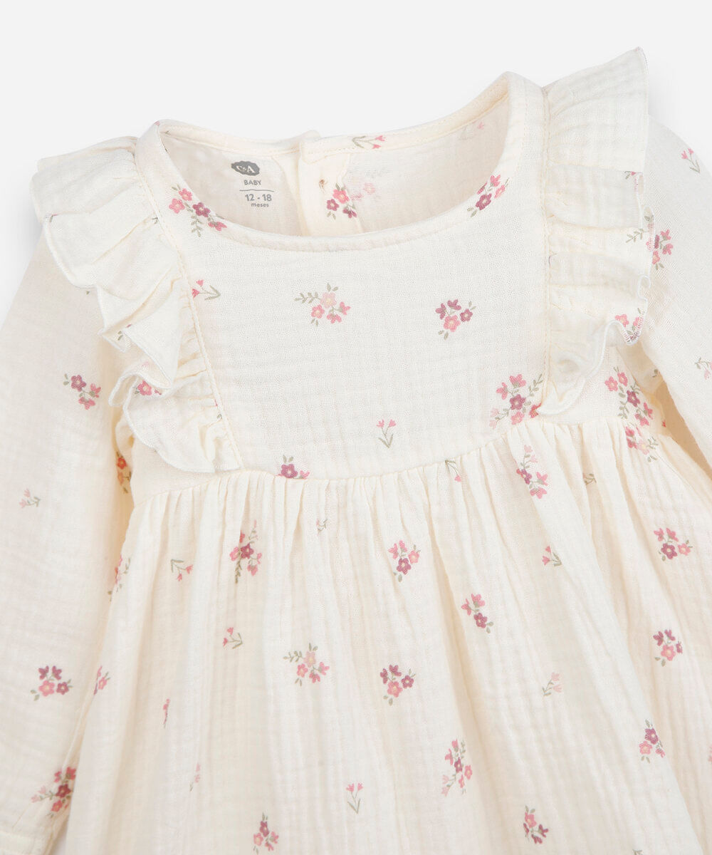 vestido infantil de algodão com babado floral off white