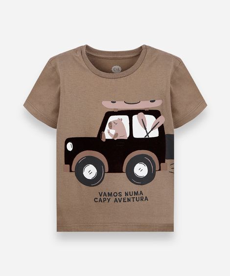 camiseta infantil de algodão  manga curta estampada bege