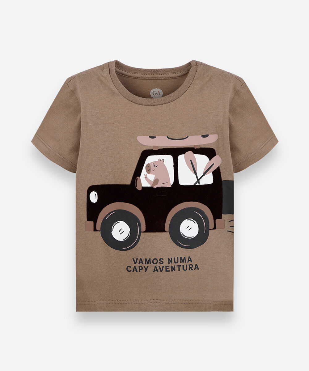 camiseta infantil de algodão  manga curta estampada bege