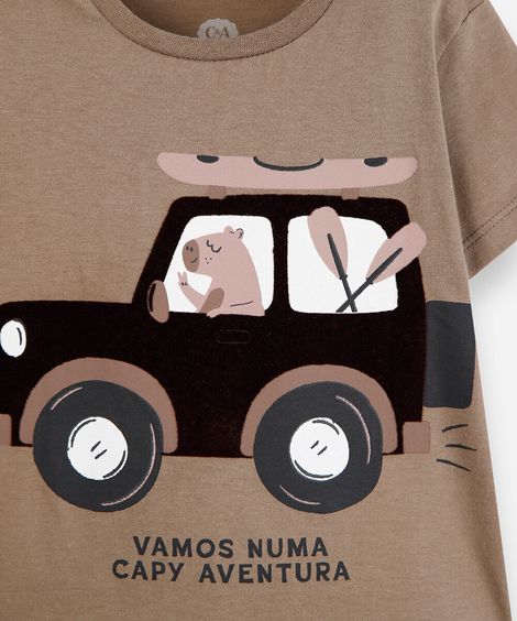 camiseta infantil de algodão  manga curta estampada bege