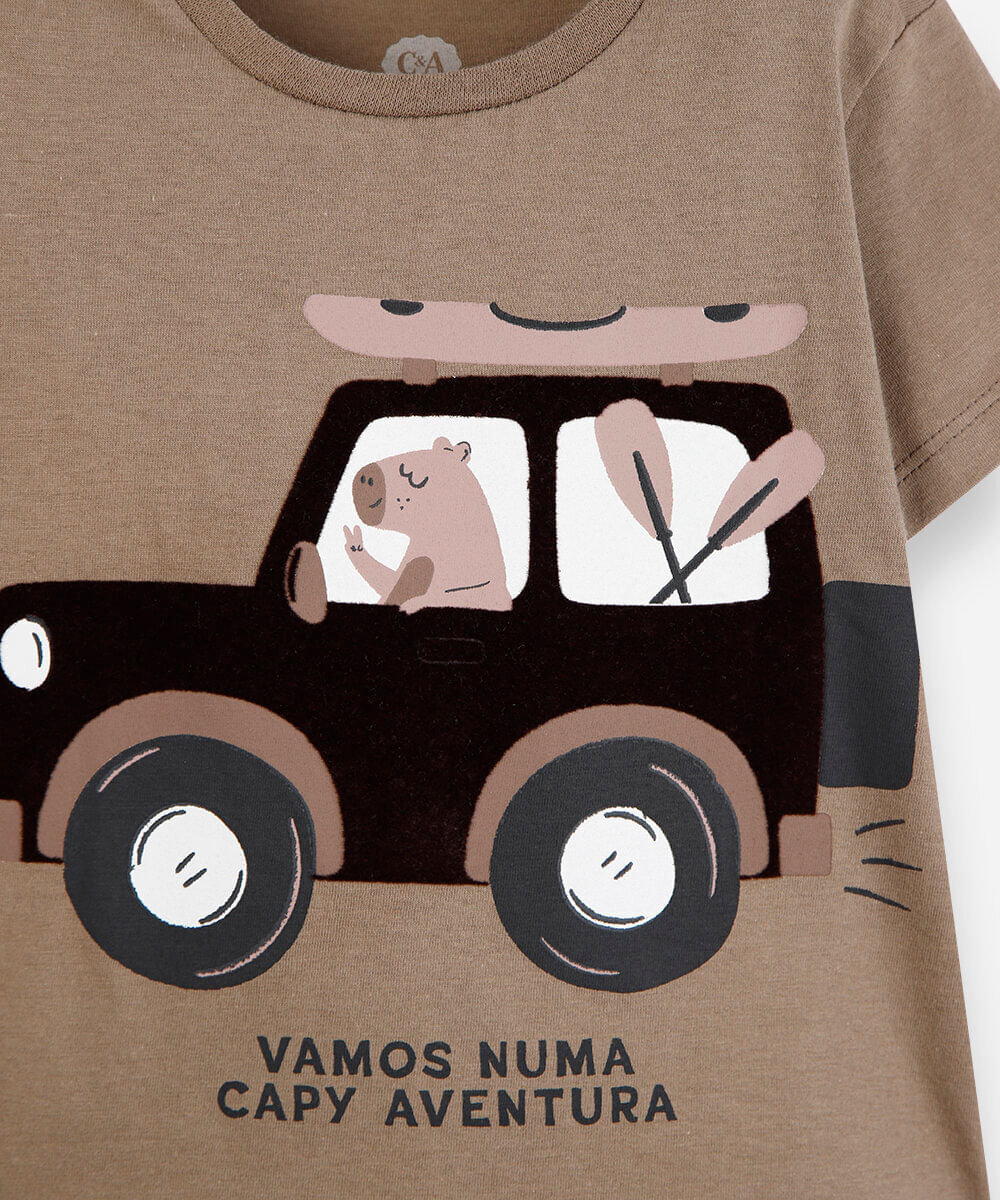 camiseta infantil de algodão  manga curta estampada bege