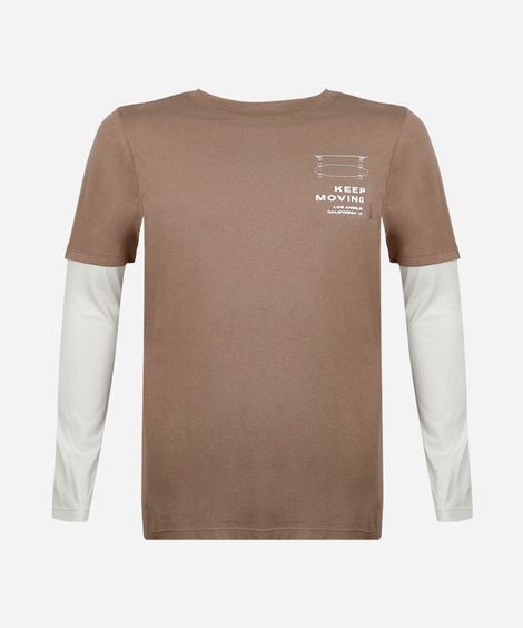 camiseta juvenil de algodão manga longa estampada bege