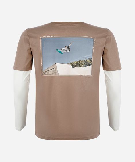 camiseta juvenil de algodão manga longa estampada bege