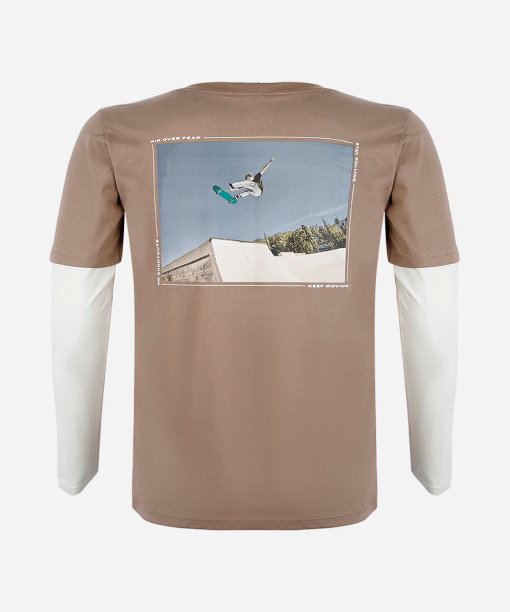 camiseta juvenil de algodão manga longa estampada bege