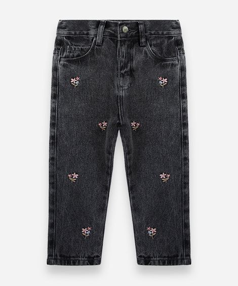 calça reta infantil jeans com bordado floral preta