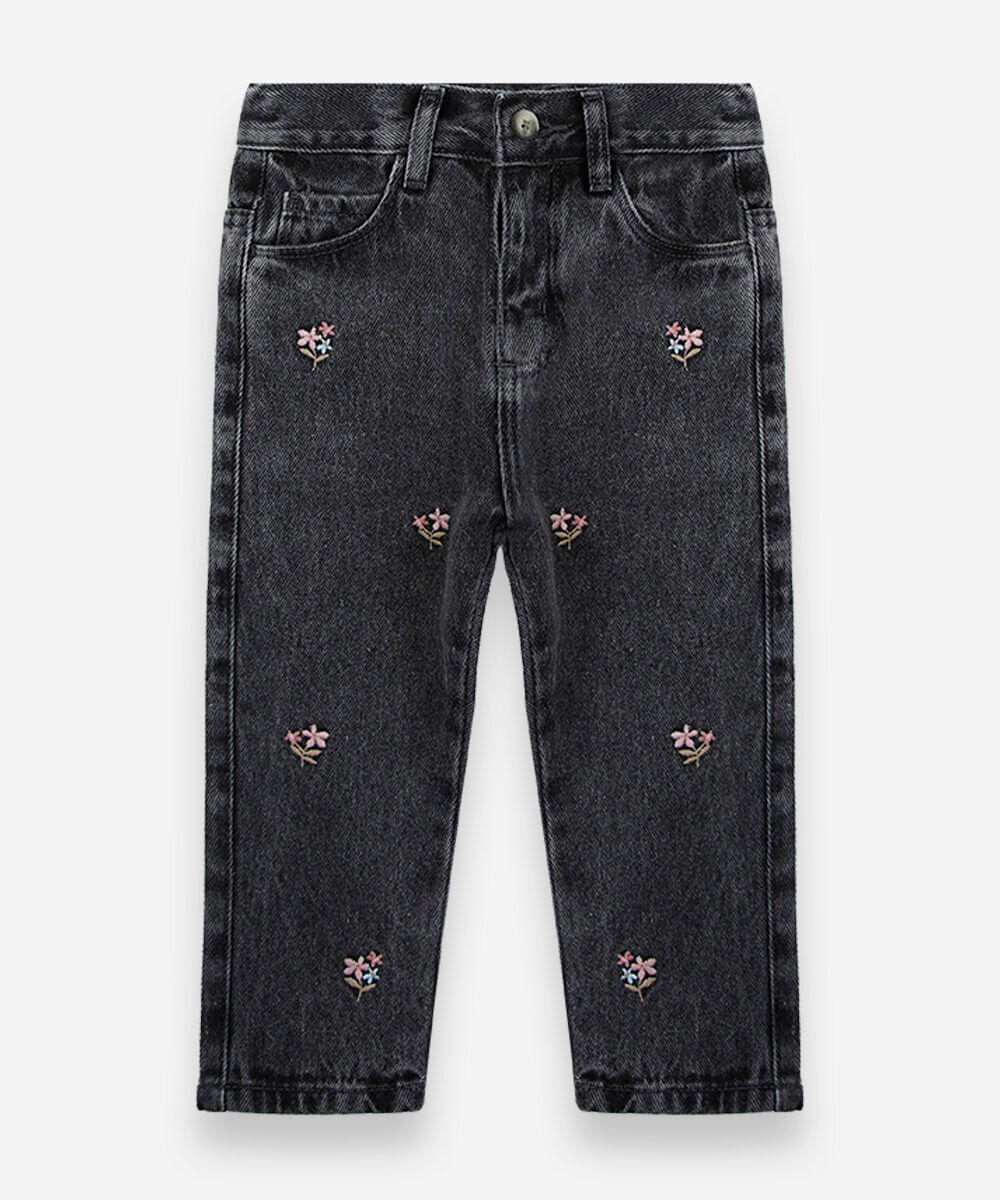 calça reta infantil jeans com bordado floral preta