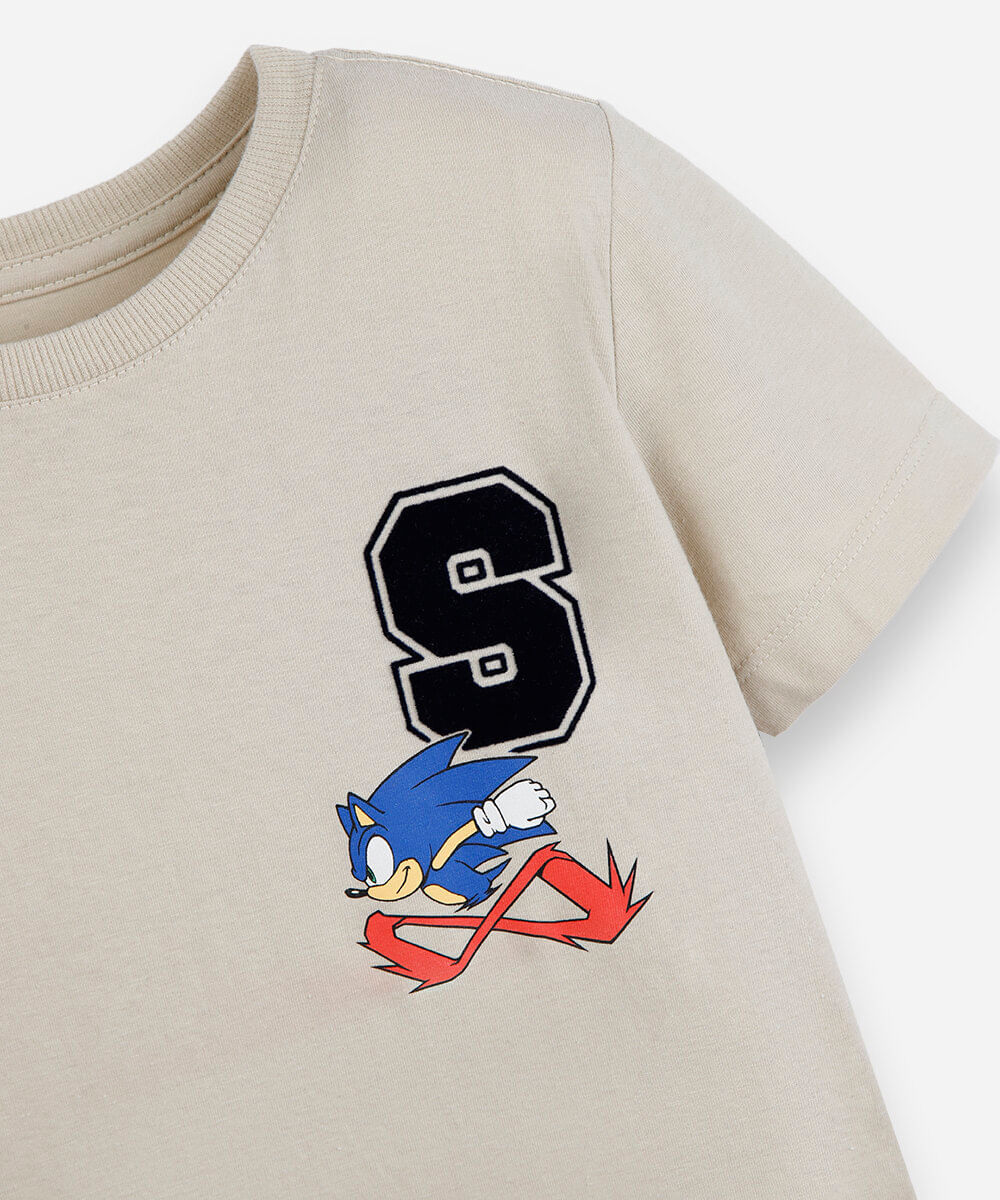camiseta infantil de algodão manga curta sonic bege