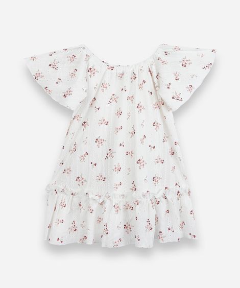 vestido infantil de laise com babado floral off white