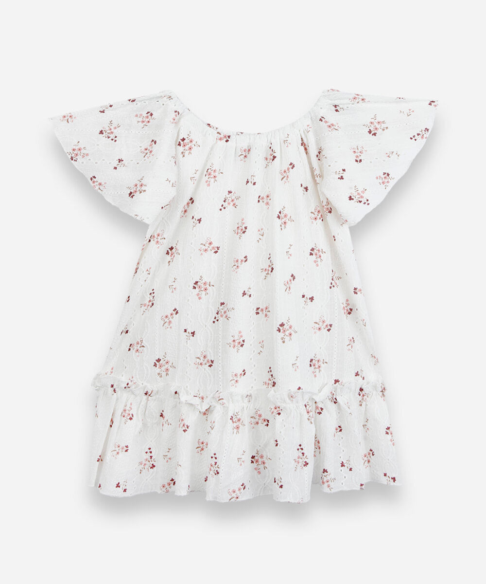 vestido infantil de laise com babado floral off white
