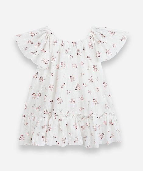 vestido infantil de laise com babado floral off white