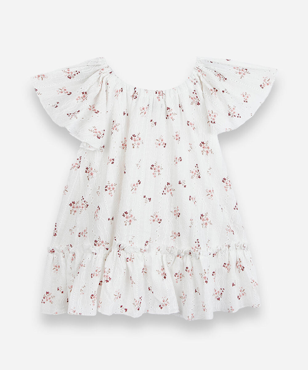 vestido infantil de laise com babado floral off white