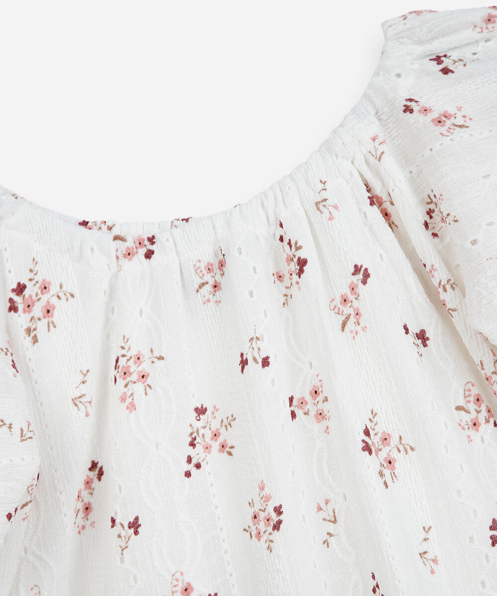 vestido infantil de laise com babado floral off white