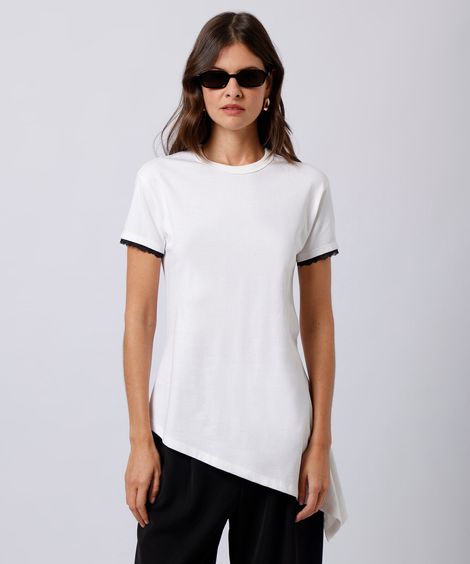 camiseta peplum feminina de algodão com renda manga curta mindset off white