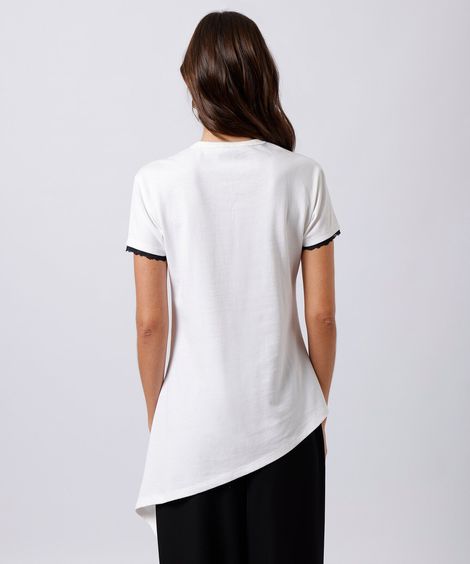 camiseta peplum feminina de algodão com renda manga curta mindset off white