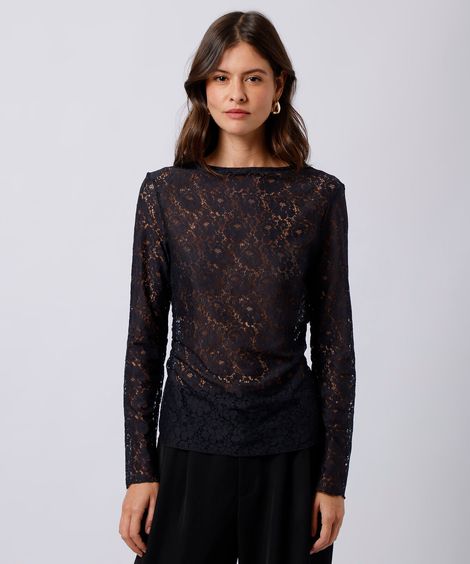 blusa feminina de renda floral mindset preta