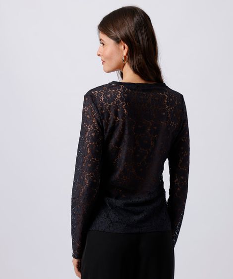 blusa feminina de renda floral mindset preta