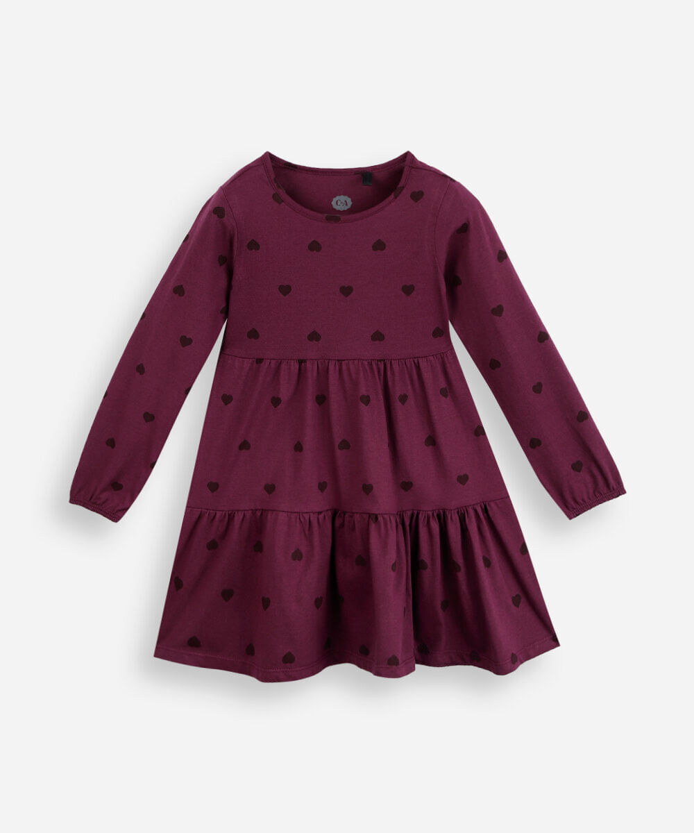 vestido infantil de algodão com recorte manga longa corações vinho