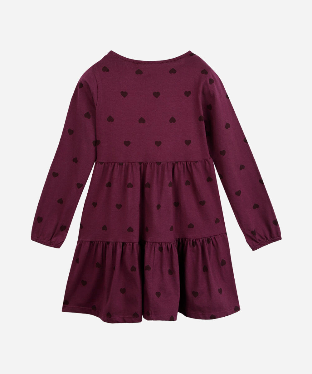 vestido infantil de algodão com recorte manga longa corações vinho