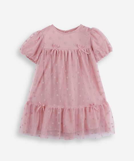 vestido infantil de tule lacinho manga curta rosa