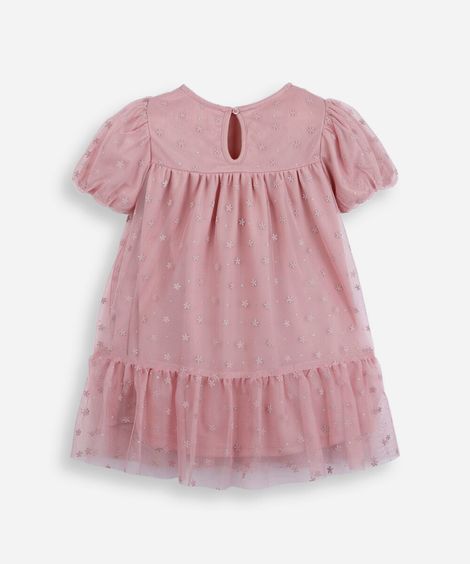 vestido infantil de tule lacinho manga curta rosa