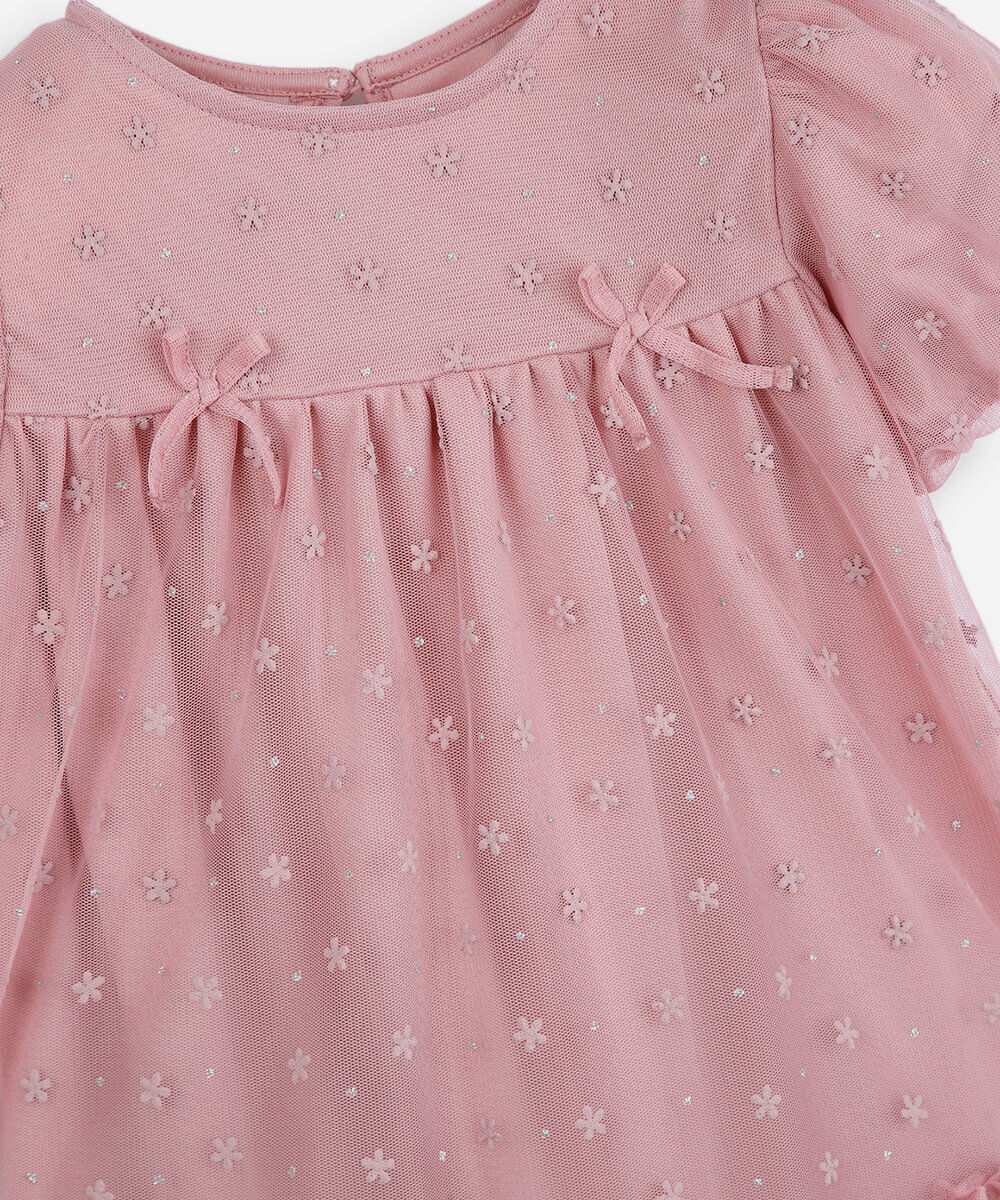 vestido infantil de tule lacinho manga curta rosa
