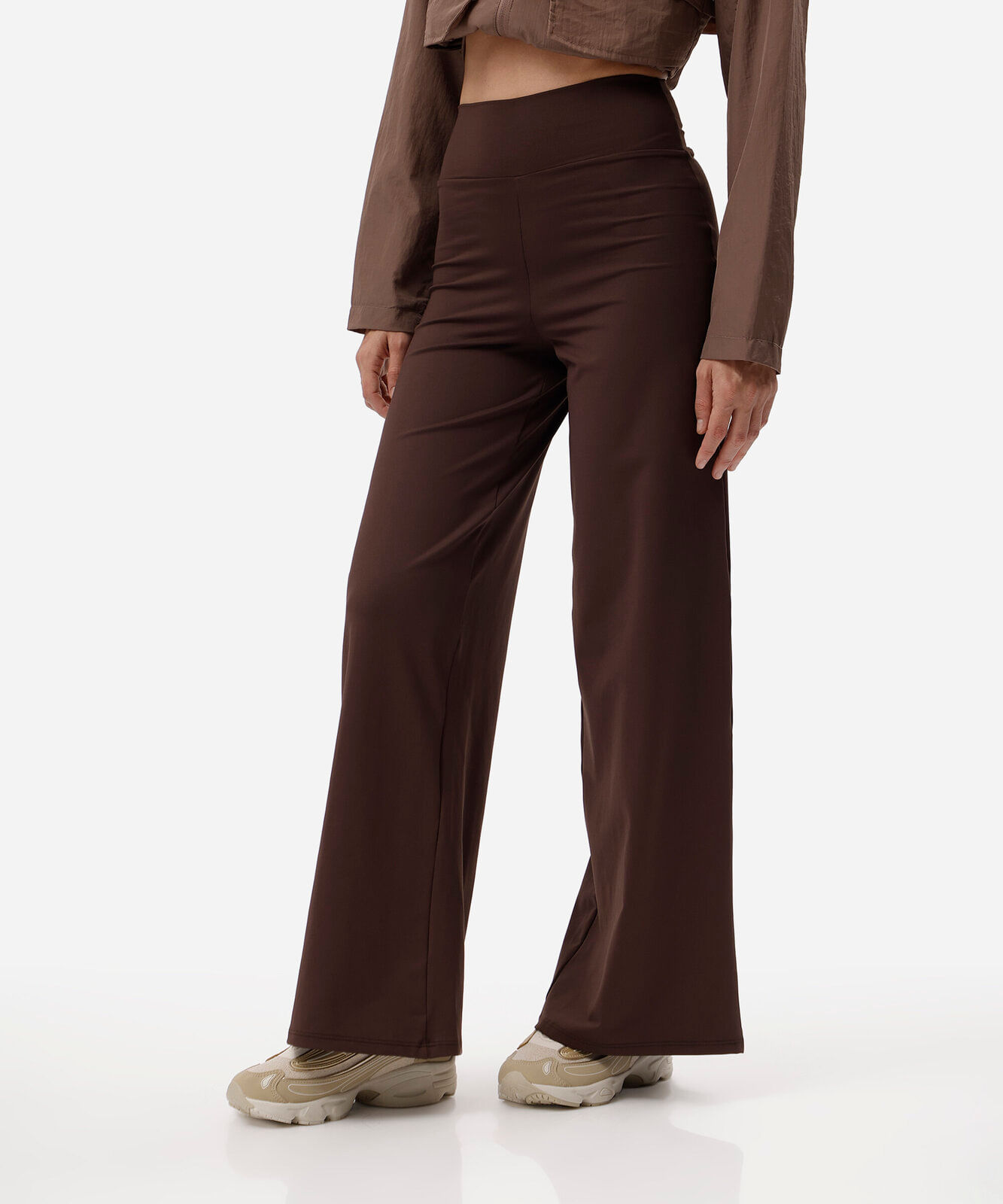 calça wide leg esportiva feminina de poliamida marrom