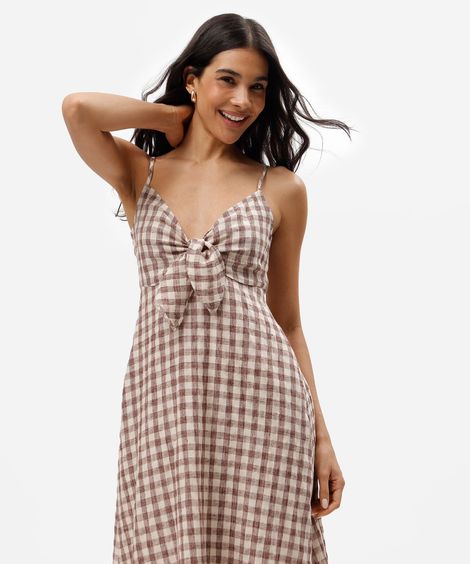 vestido midi alça fina feminino com amarração xadrez marrom