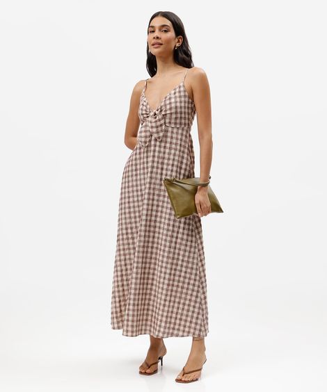 vestido midi alça fina feminino com amarração xadrez marrom