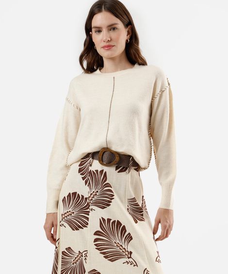 suéter feminino de tricot com bordado bege