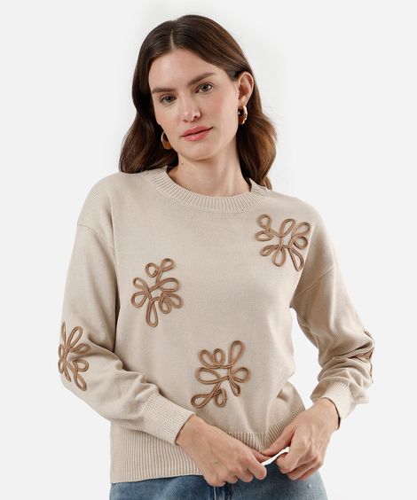 suéter feminino de tricot com bordado bege