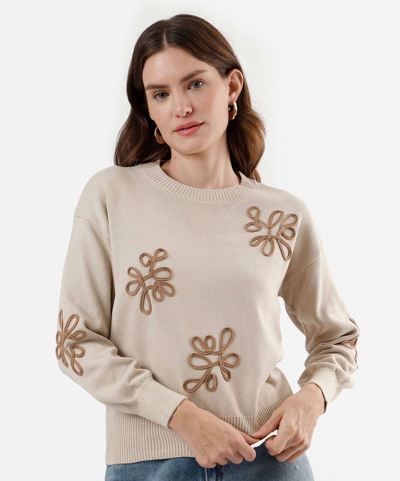suéter feminino de tricot com bordado bege